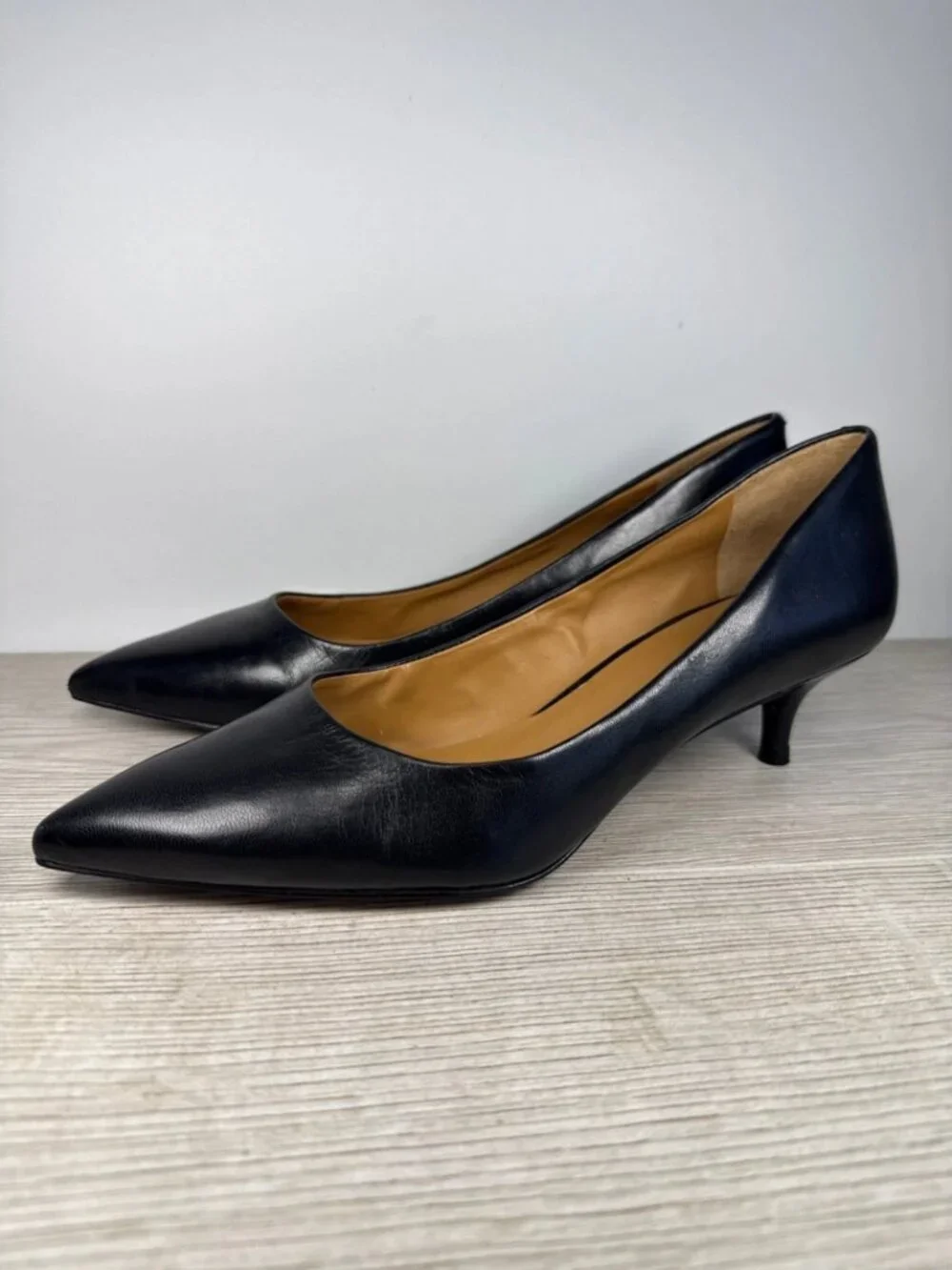Black Leather Pointed Toe Kitten Heel Dress